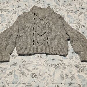 Cropped Turtleneck Crochet-Detail Sweater - Gray